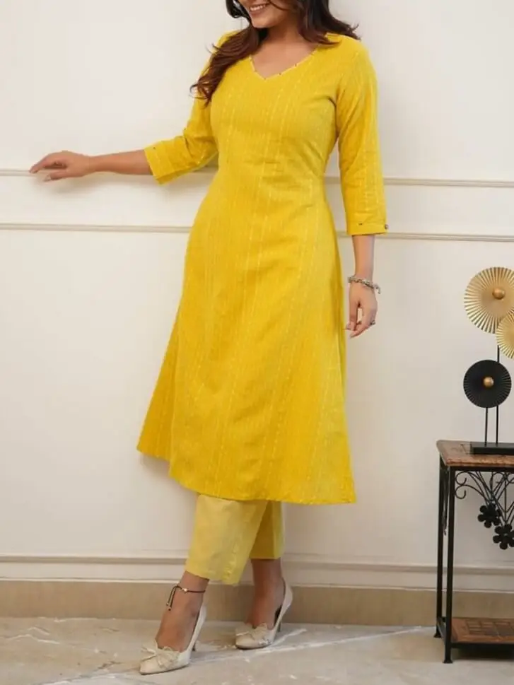 Simple Cotton & Rayon Laced Yellow Color Kurti For Women's On Lowest Price