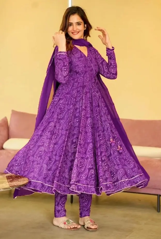 Festive Wear Purple Color Embroidered Anarkali Salwar Suit In Art Silk