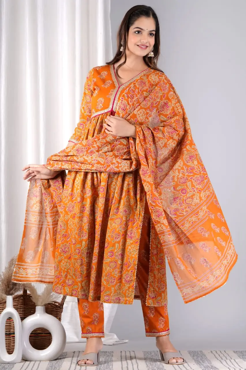 Buy Orange Chanderi Silk Printed Embroidered Anarkali Kurta With Dupatta  For Women by Pinki Sinha Online at Aza Fashions.