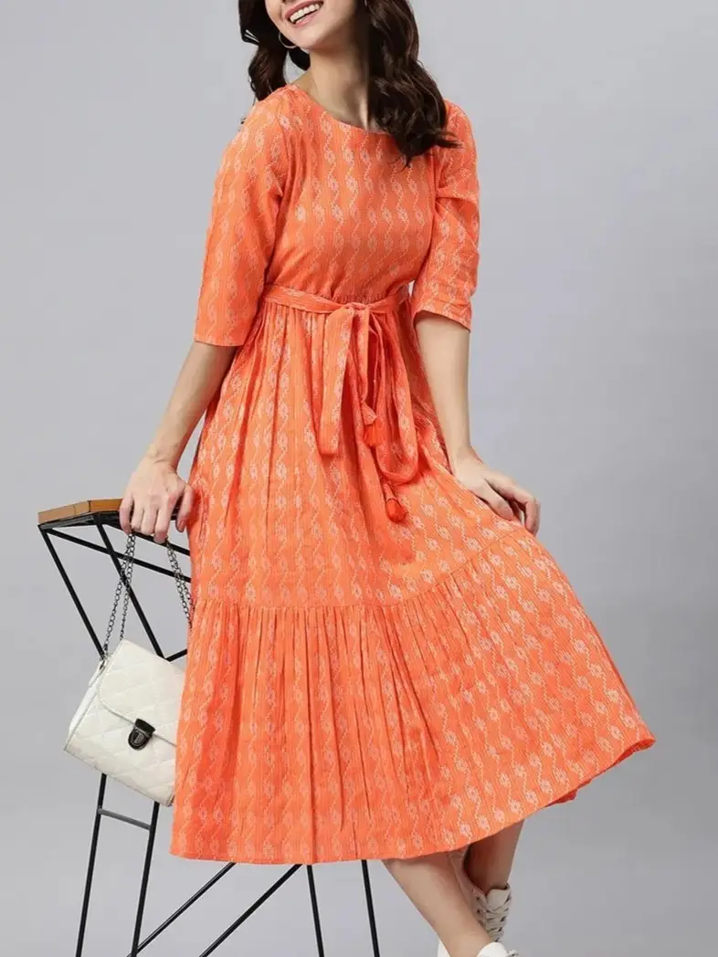 Buy Orange Mandarin Neck Printed Dress Online - Aurelia