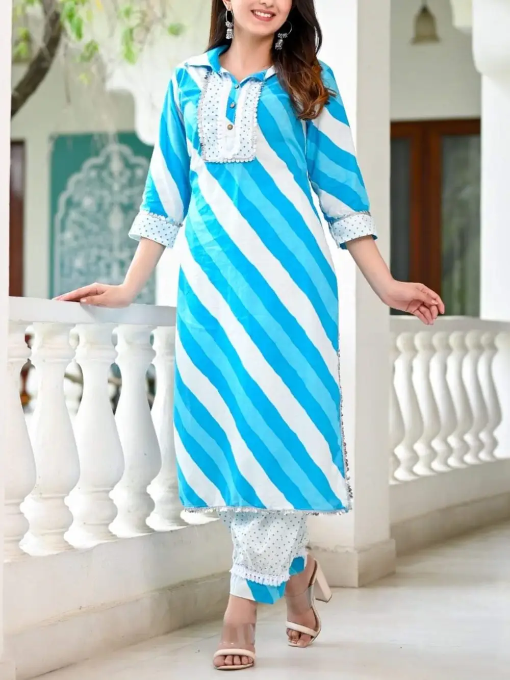 Buy Blue Cotton Blend Embroidered Lehariya Round Patterned Kurta Set For  Women by Samyukta Singhania Online at Aza Fashions.