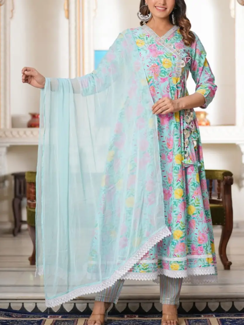 Buy Yellow Pink Cotton Printed Anarkali Angrakha Kurta set For Women &  Flared Sharara Kurta Set For Girl - Bhama Online at Best Price | Distacart