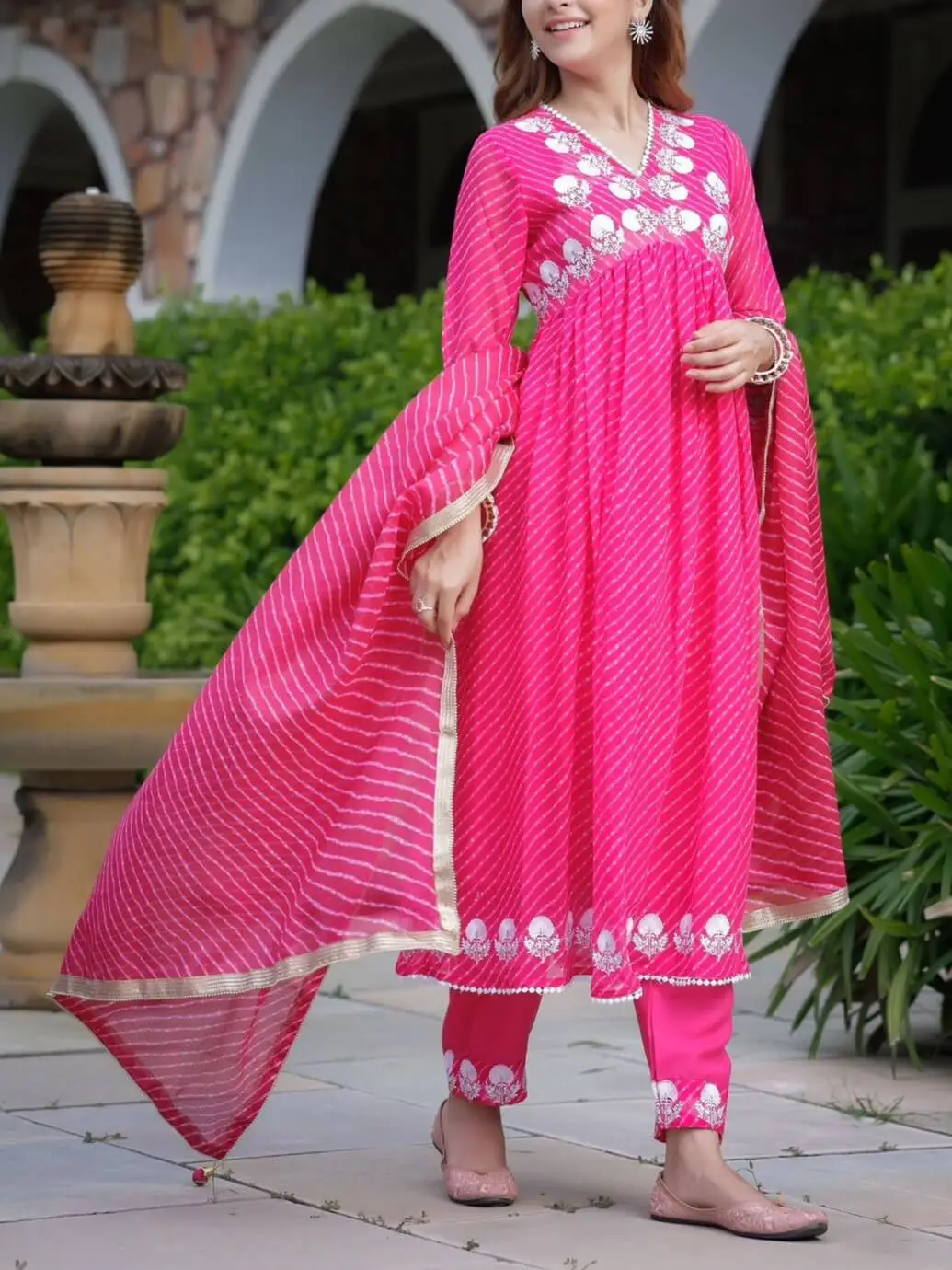 Bandhani Kurta on Pure Silk - Circle Yoke Magenta Pink – Naina Jain