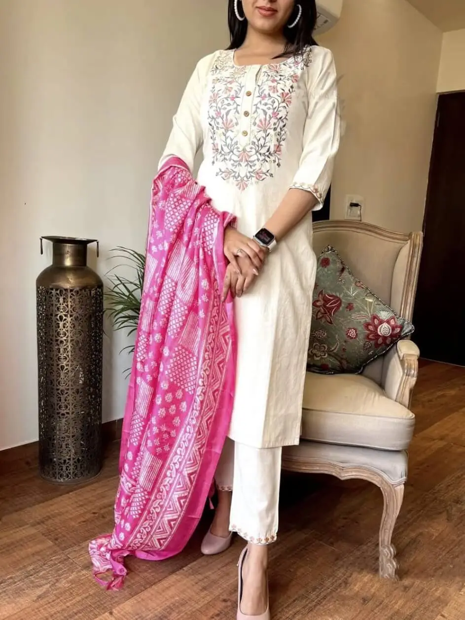 Cotton Embroidery Suit with Khadi Silk Dupatta Set - KalkiBazaar