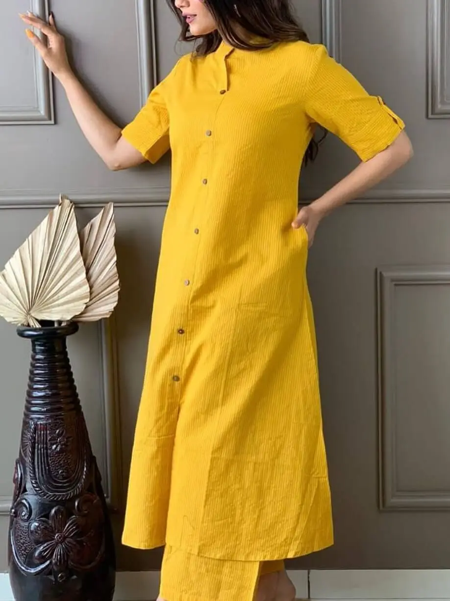 Yellow printed kurti and full flare palazzo with handwork - Kurti Fashion