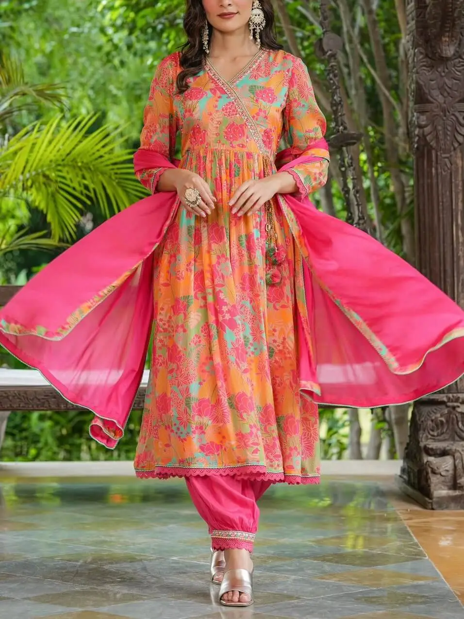 A-Line Pink/White Kurta/Pant Set In Angrakha Style | cotrasworld