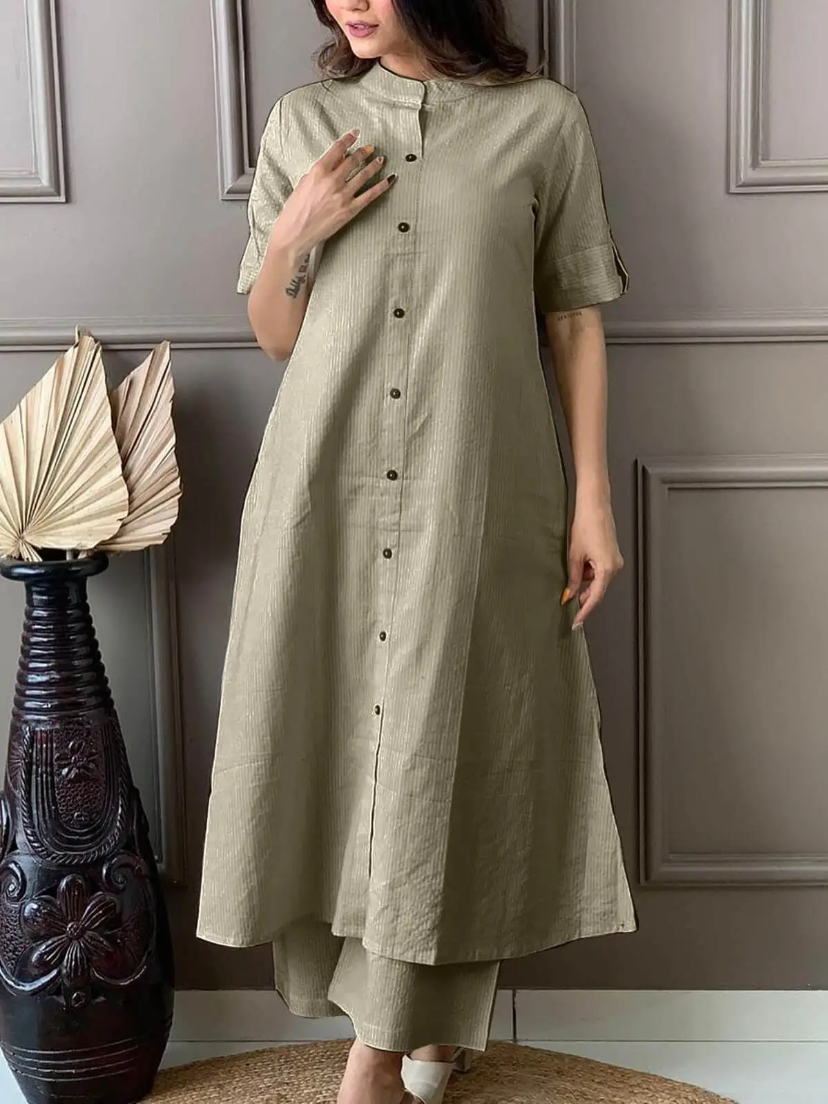 Beige Cotton A-line Kurti With Ankle Length Palazzo