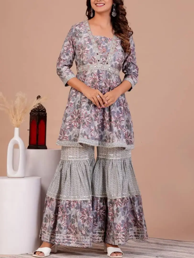Ada Hand Crafted Floral Printed Grey & Pink Cotton Lucknowi Chikankari  Indian Women Flared Short Kurti - A911316 - Ada - 4077068