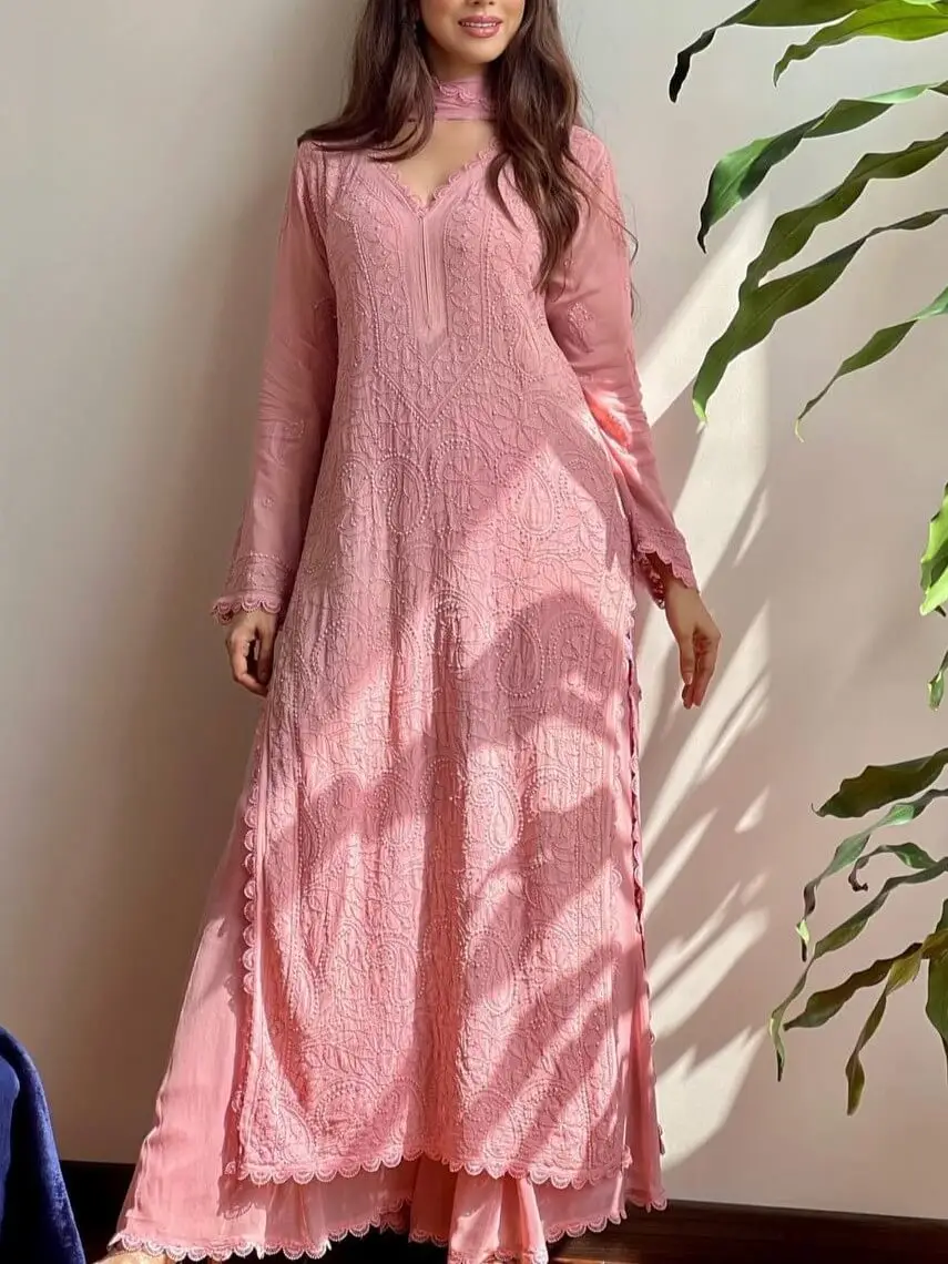 Pink Color Georgette And Crepe Kurti With Bottom