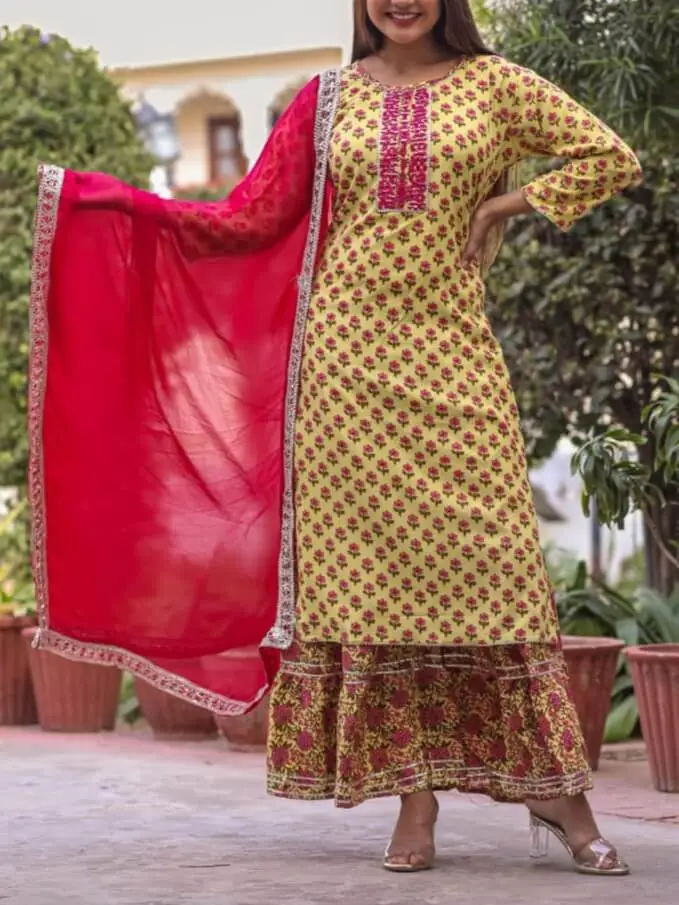 Rayon Yellow And Red Kurti Pant Set, Size: Xl, 150 Gsm at Rs 395/set in  Ahmedabad
