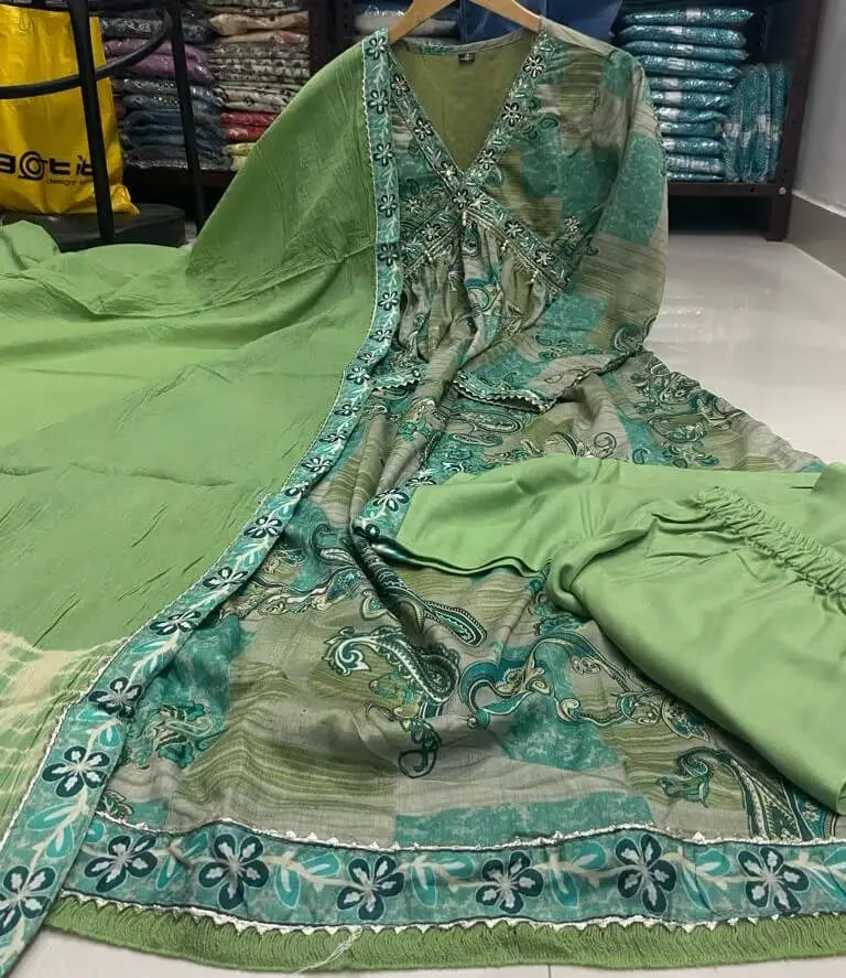 Green Chinnon Printed Straight Kurti With Pant And Dupatta