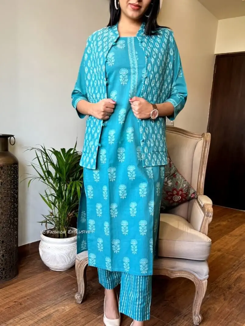 Hand block print kurti with jacket and pant. Beautiful dress!!!!😊 | Chic  outfits classy, Fancy dress design, Plain kurti designs