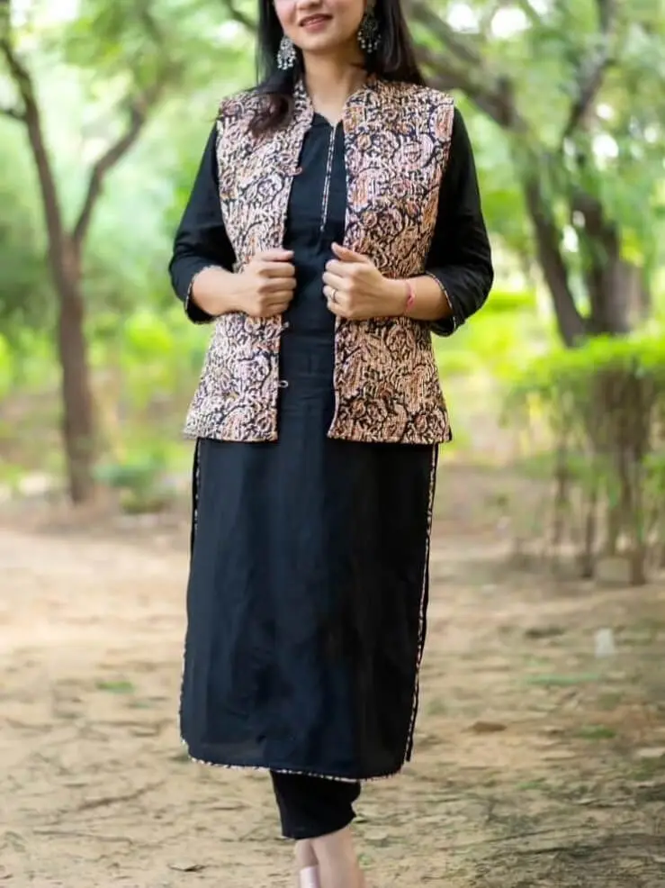 Cotton schiffli top and jacket with palazzo in two colours - Kurti Fashion