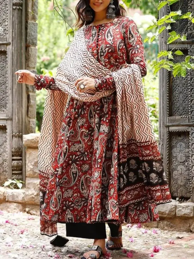 Cotton Round Neck Dark Brown Solid Kurta Set With Pants & Printed Dupatta,  Size: XS-XXXXL at Rs 781/piece in Jaipur