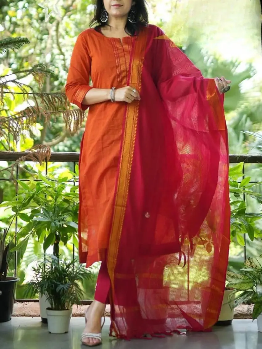 Buy Orange Hand Embroidered Silk Suit with Painted Chiffon Dupatta - Set of  3 | BAI_KPDS_108/BACT12JAN | The loom