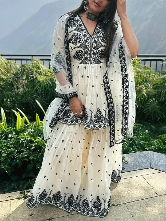 Buy Off White Palazzo Suit In Georgette With A Flared Short Kurti Adorned  In Resham And Sequins Embroidery KALKI Fashion India