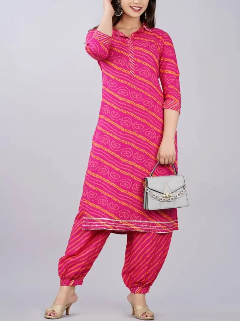 Bandhani Pink Printed Stylish Kurti With Cotton Pant