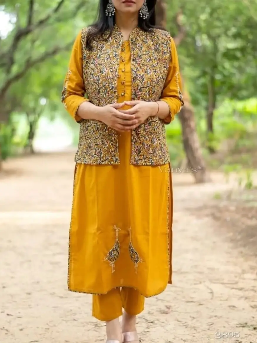 Indian Top Kurti With Skirt And Shrug Jacket Yellow Ethnic Kurta Set Crop  Top | eBay