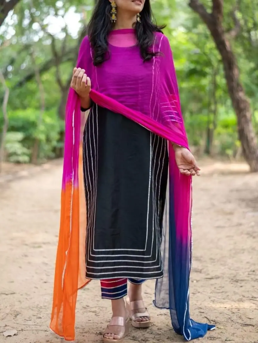 Black Chanderi Digital Printed Straight Kurti Pant Dupatta Fully Readymade  Dress | eBay