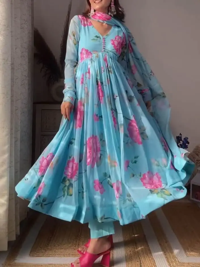 Moon Flower Printed Mahendi Pure Organza Anarkali Gown – Organza Mall