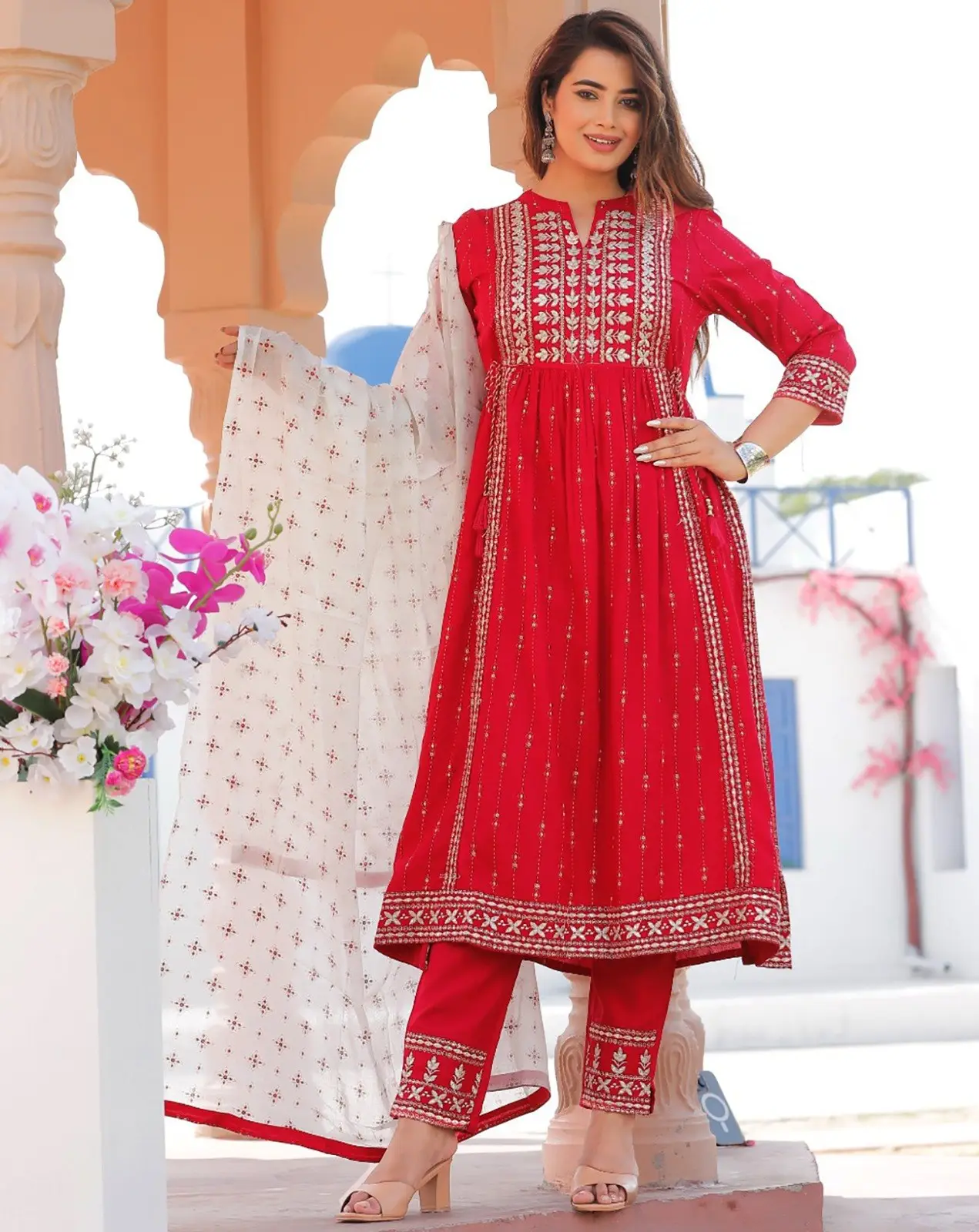 Palazzo set having embroidered red colour kurti with matching laced white  palazzo and dupatta